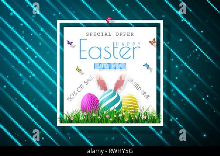 Happy Easter sale banners with realistic Easter rabbir`s ears, vector. Stock Vector
